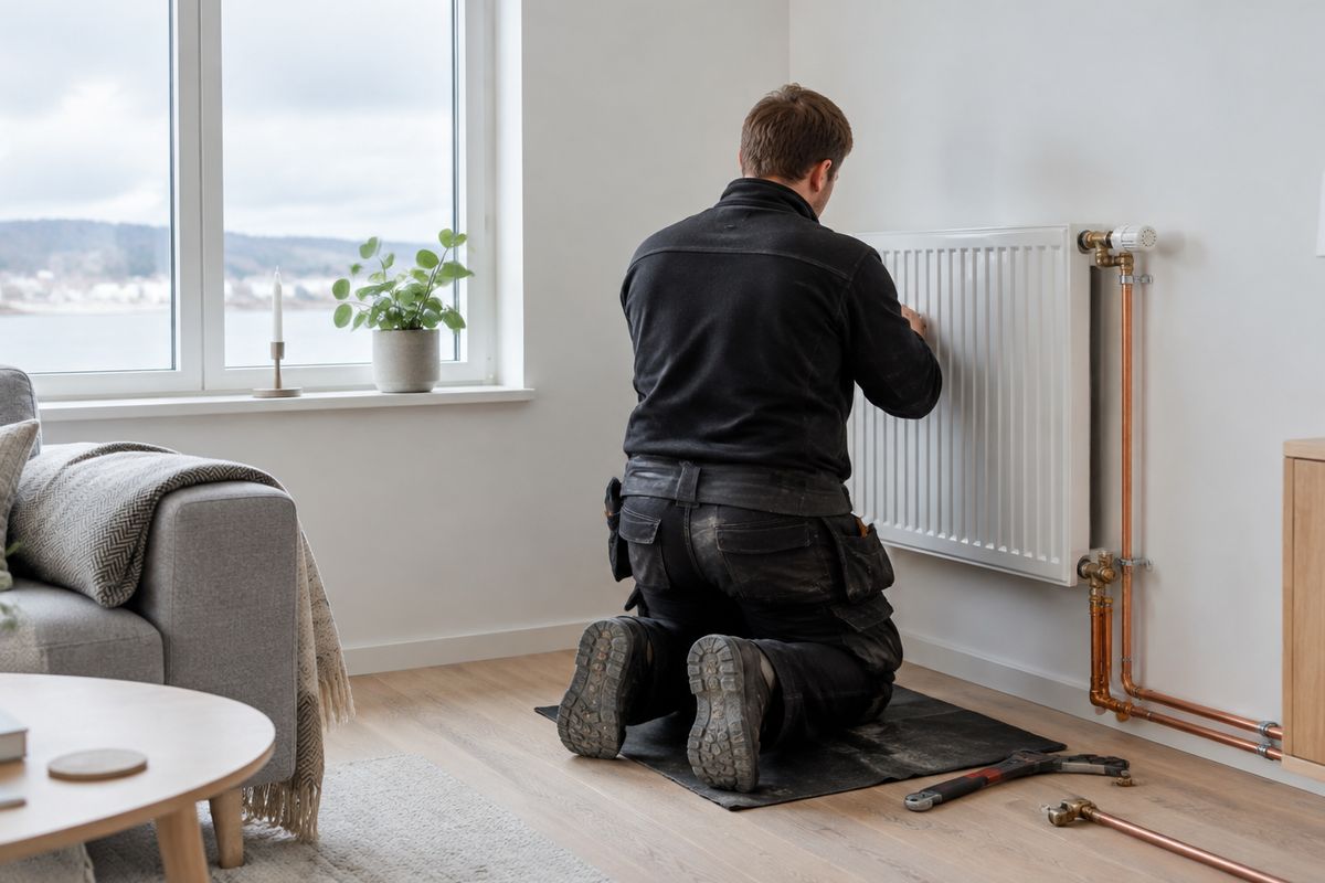 VVS-håndværker monterer radiator i dansk stue